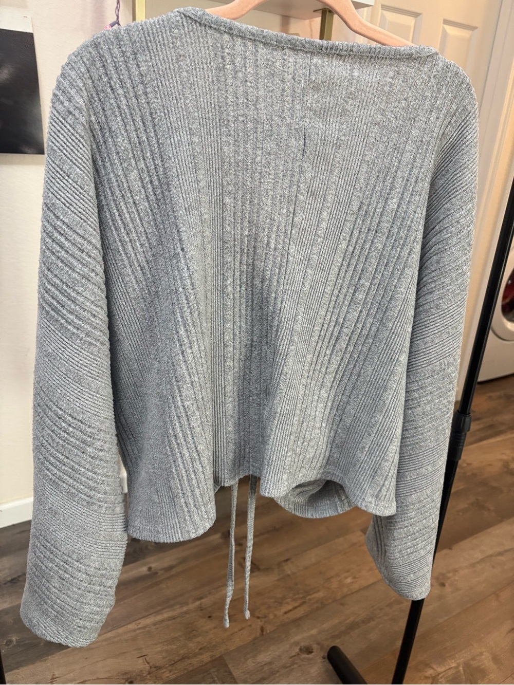 Grey Ribbed Drawstring V-Neck Sweater - Picture 3 of 4